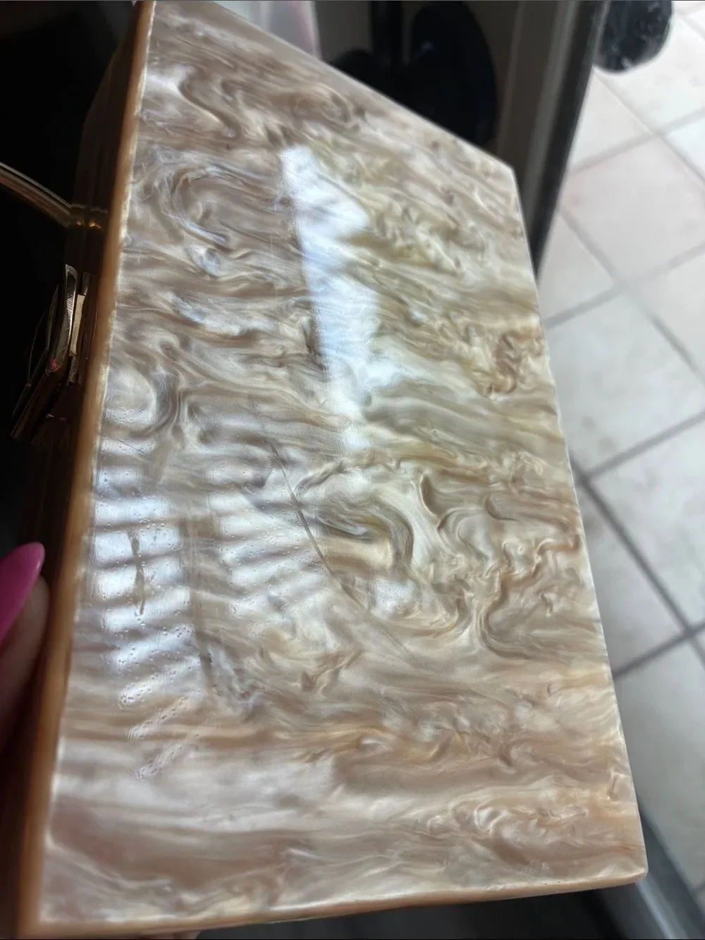 Lulu's Pearlescent Pink Acrylic Box Clutch with Gold Ring Handle